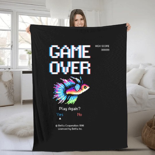8 bit Arcade Retro Game Over Betta Fish Fleece Blankets
