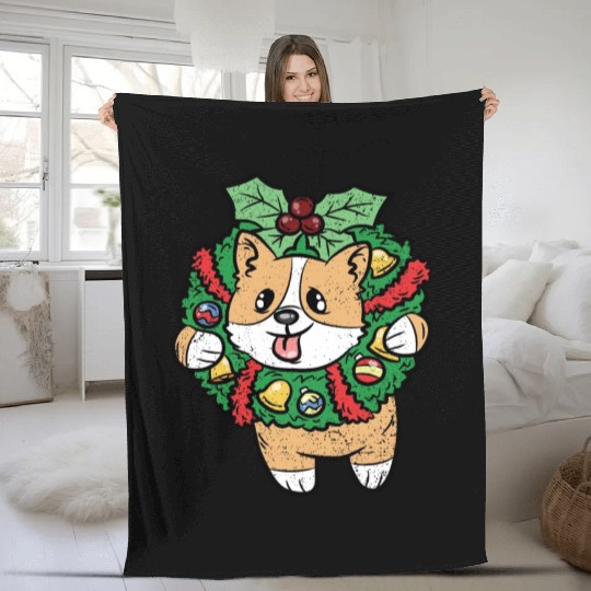 CORGI HANGIN ON CHRISTMAS DECORATION Fleece Blankets