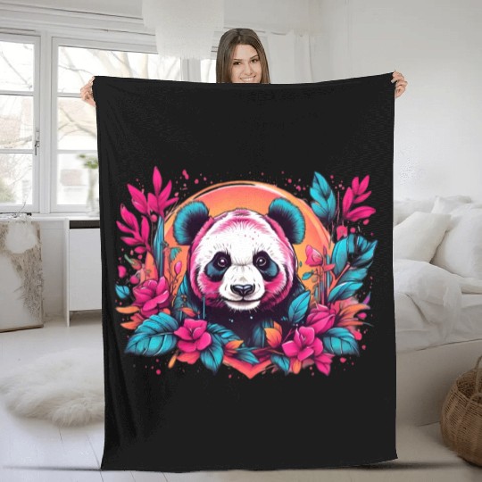 Retro panda with neon nature floral vintage sunset Fleece Blankets