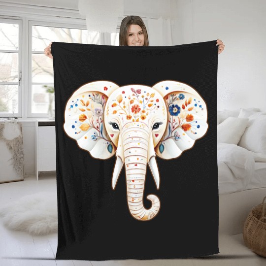 A white elephant adorned with a vivid and vibrant Fleece Blankets