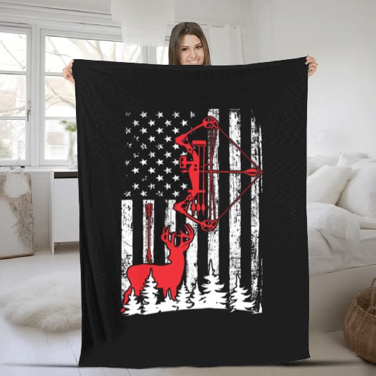 Patriotic Bow Hunting Deer Hunter Flag American Fleece Blankets