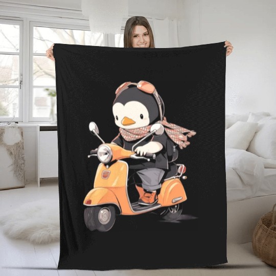 Penguin Riding Scooter Funny Motor Biker Moped Fleece Blankets