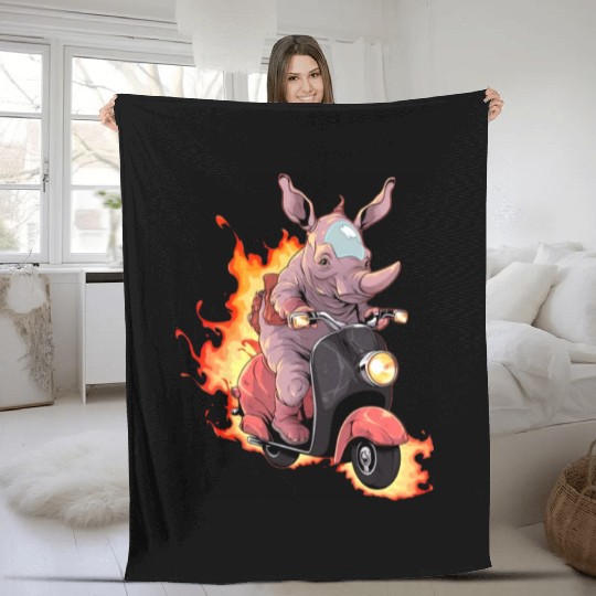 Rhino Riding Scooter Funny Rhinoceros Biker Moped Fleece Blankets