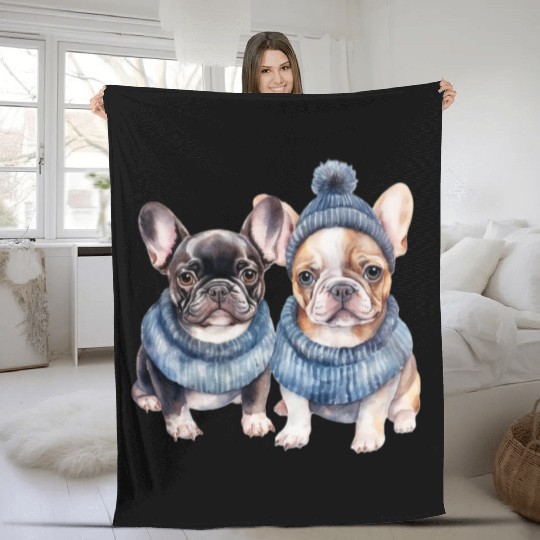 Winter Christmas Bulldogs with Blue Hats Fleece Blankets