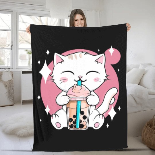 Kawaii Bubble Tea Cat Boba Milk Fleece Blankets