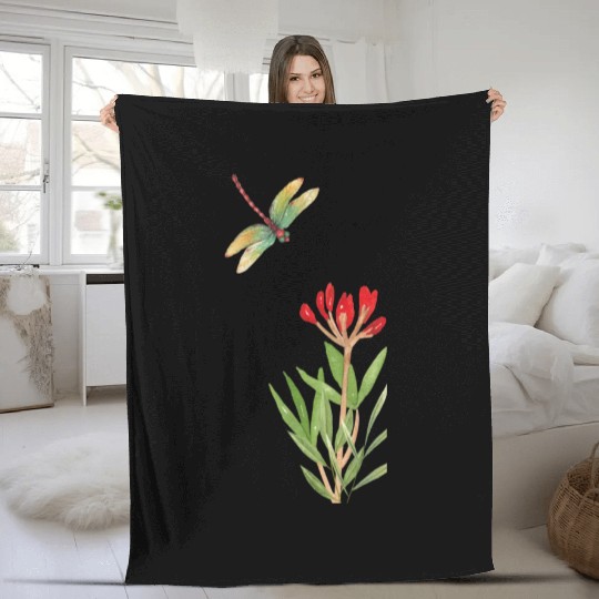dragonfly flying over a plant Fleece Blankets