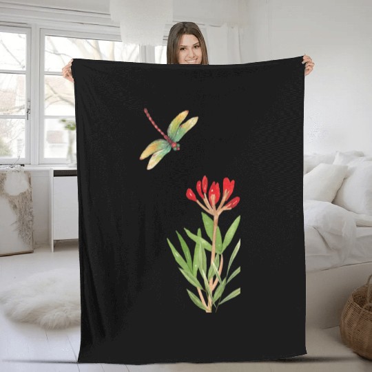 dragonfly flying over a plant Fleece Blankets