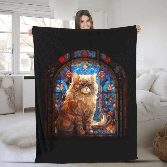 Persian cat in stained glass Fleece Blankets