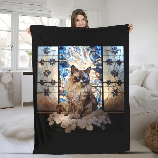Ragdoll cat in stained glass Fleece Blankets