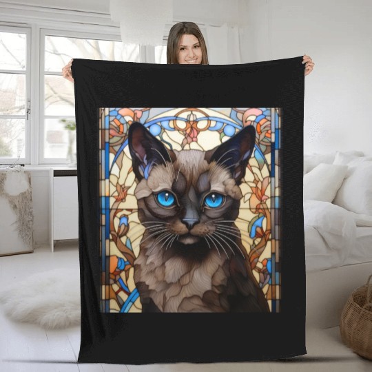 Siamese kitten in stained glass Fleece Blankets