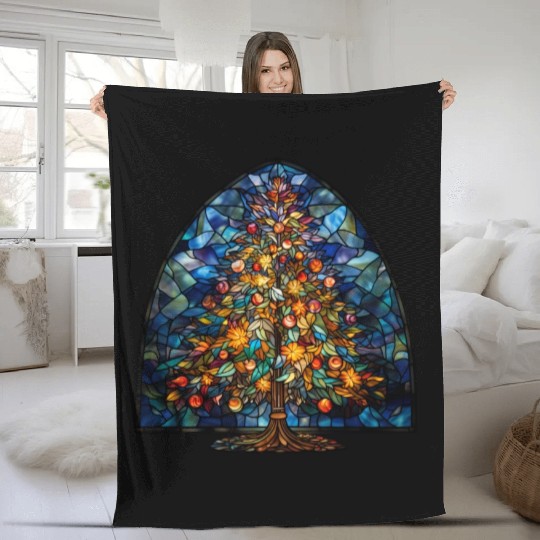 Stained Glass Christmas Tree Fleece Blankets