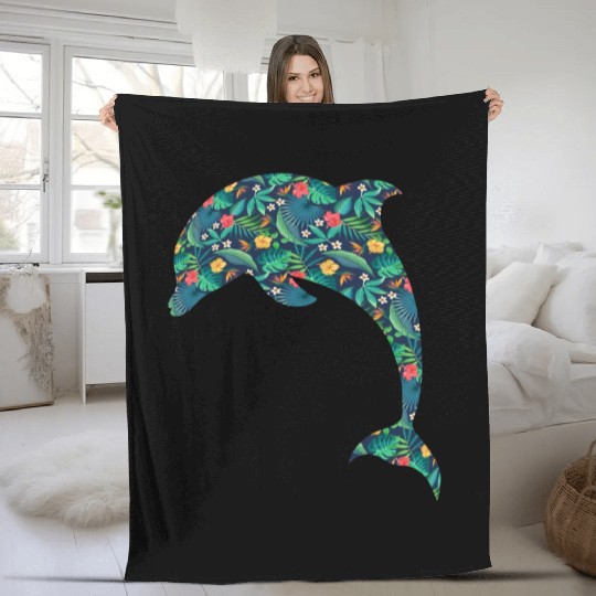 Dolphin Tropical Flower Floral Fleece Blankets