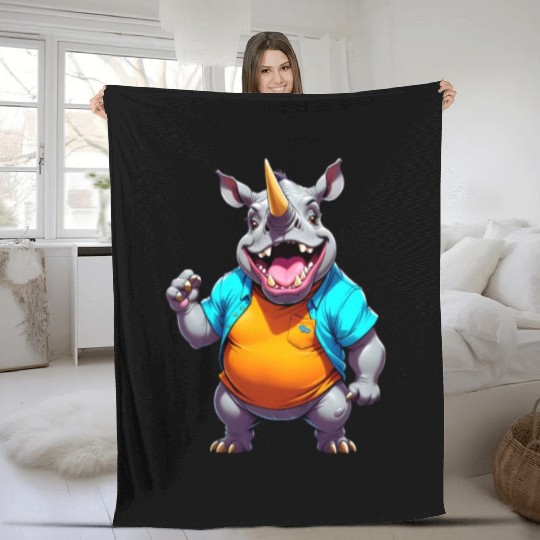 A Cartoonish Rhinoceros in a Playful Pose Fleece Blankets