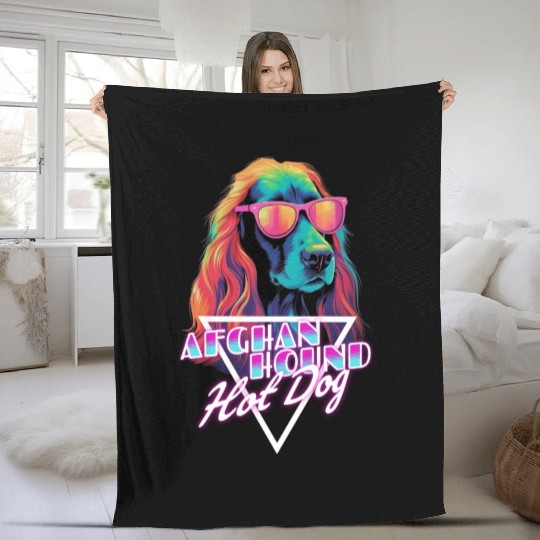 Retro Wave Afghan Hound Hot Dog Fleece Blankets