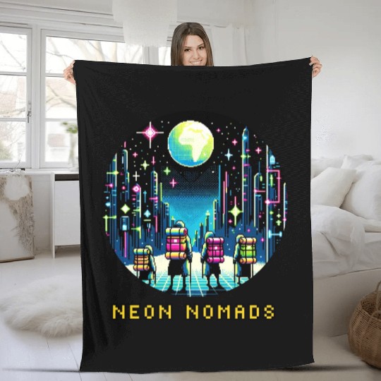 Cyberpunk Explorers - Neon Nomads Pixel Art Fleece Blankets