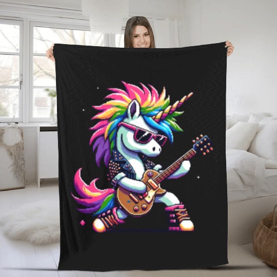 Pixel Punk Rock Unicorn Fleece Blankets