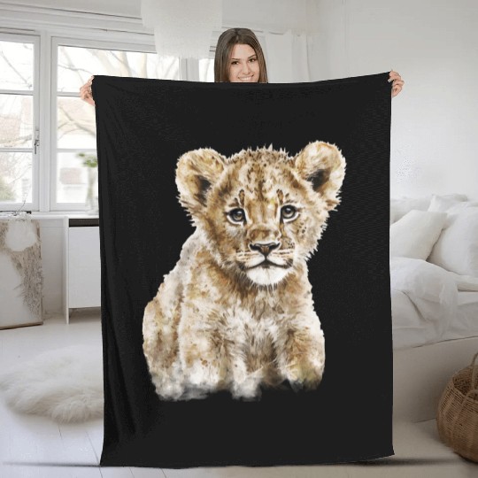 Baby Lion Cub Watercolor Painting Portrait Fleece Blankets