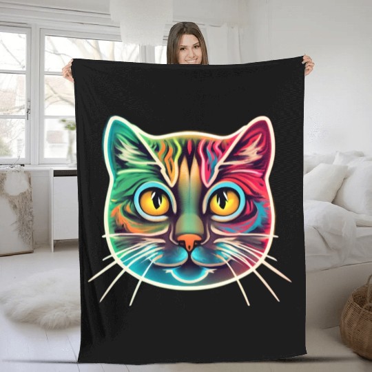 cat face neon design Fleece Blankets