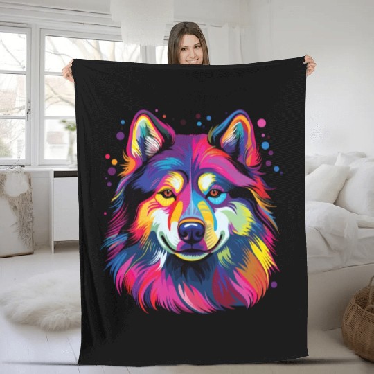 Watercolor Colorful Alaskan Malamute Fleece Blankets