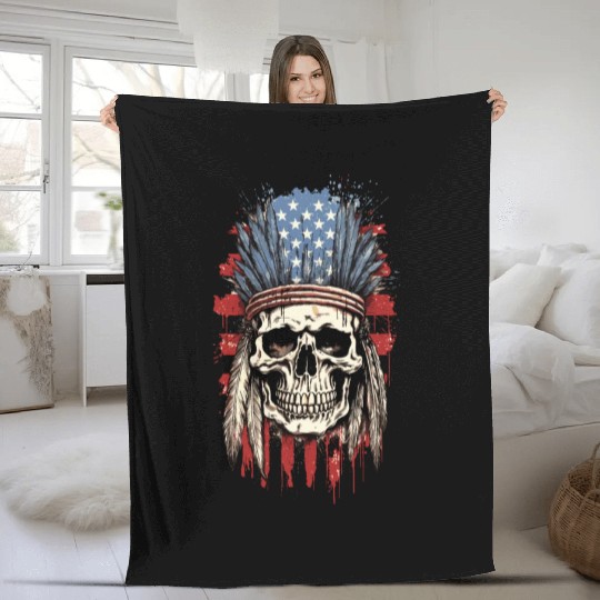 Skull Indian Chief Native American USA Fleece Blankets