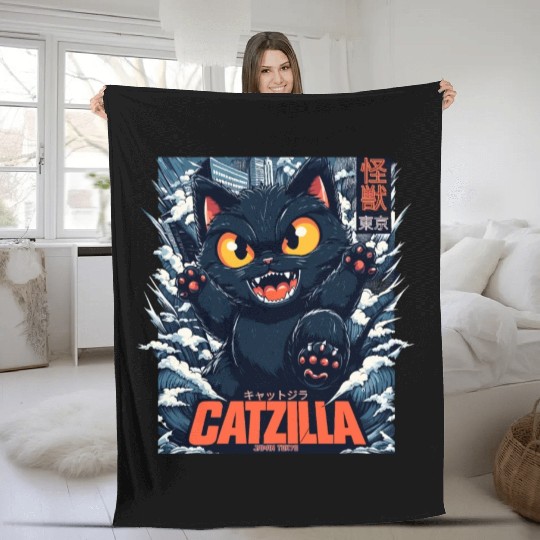 Kaiju Catzilla in Japan Tokyo Fleece Blankets