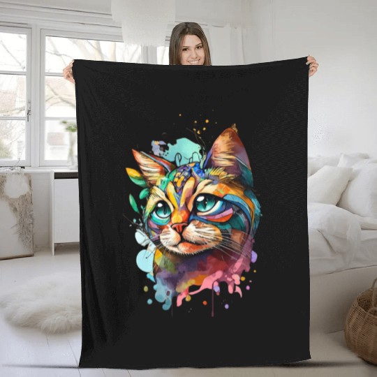 Splash Baby Cat Art, Cat Lover, Colorful Cat Fleece Blankets