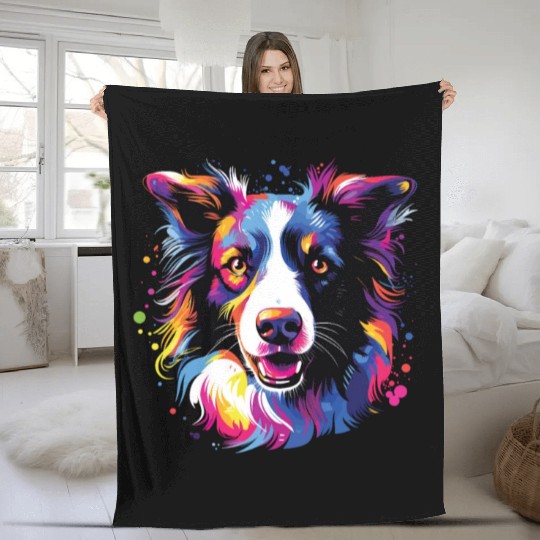 Watercolor Colorful Border Collie Fleece Blankets