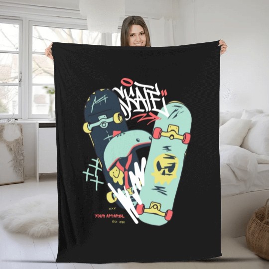 Black Light Green Modern Illustrated Skateboard Fleece Blankets
