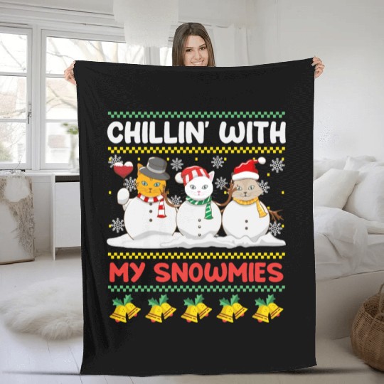 Snowmen Chilling with my Snowcats Snow Fleece Blankets