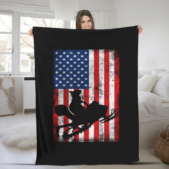 Cute Squirrel Snowmobile USA Flag Snowmobiling Fleece Blankets