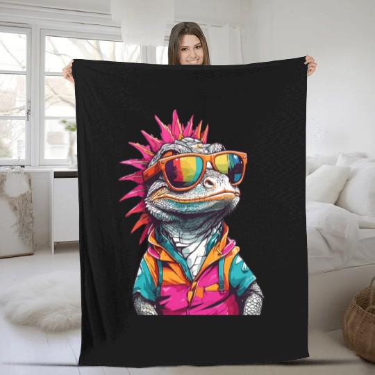 Funny colorful lizard with sunglasses Fleece Blankets