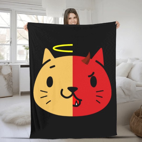 Two Face Cat Angel And Devil Fleece Blankets