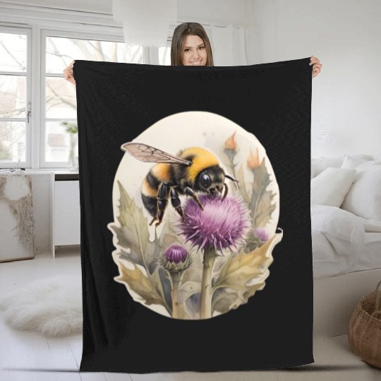 Bumblebee on thistle watercolor Fleece Blankets