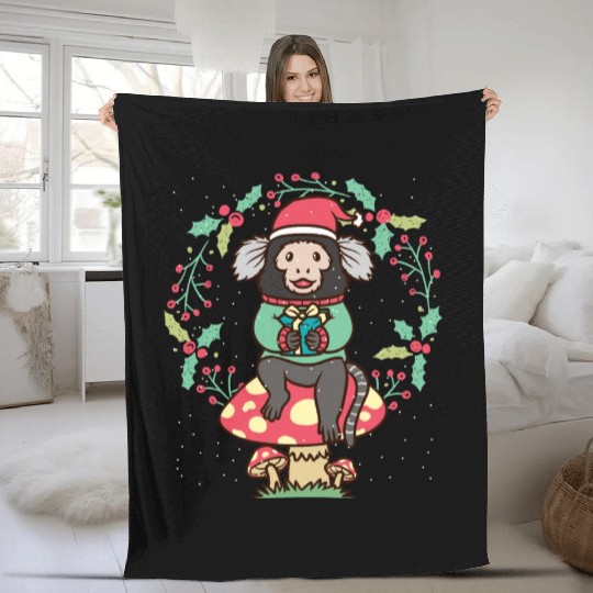 Marmoset Monkey On Mushroom Christmas Wreath Fleece Blankets