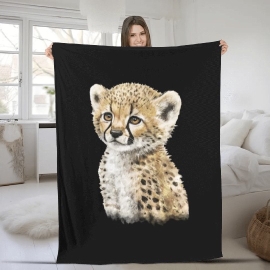 Cute Baby Cheetah Watercolor Painting Portrait Fleece Blankets