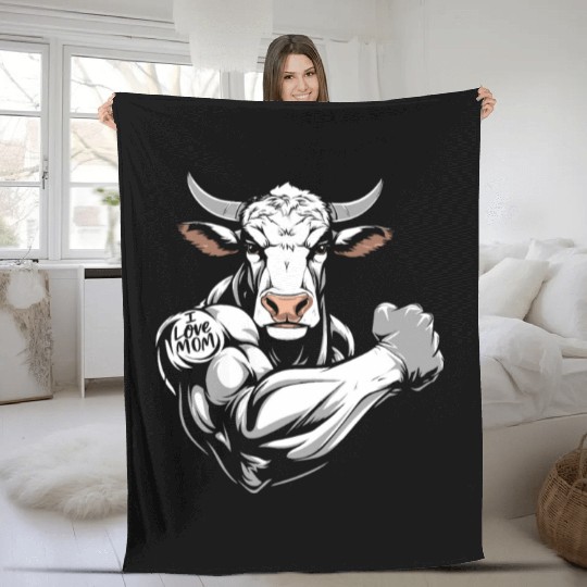 Cow Cattle Biceps Tattoo I Love Mom Fleece Blankets