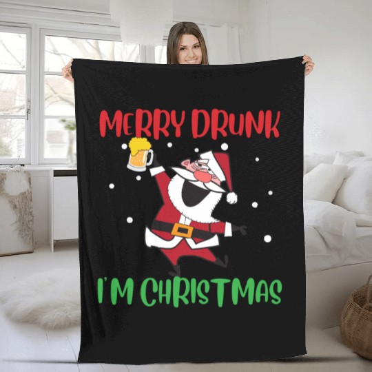Merry Drunk I'm Christmas Funny Santa Claus Fleece Blankets