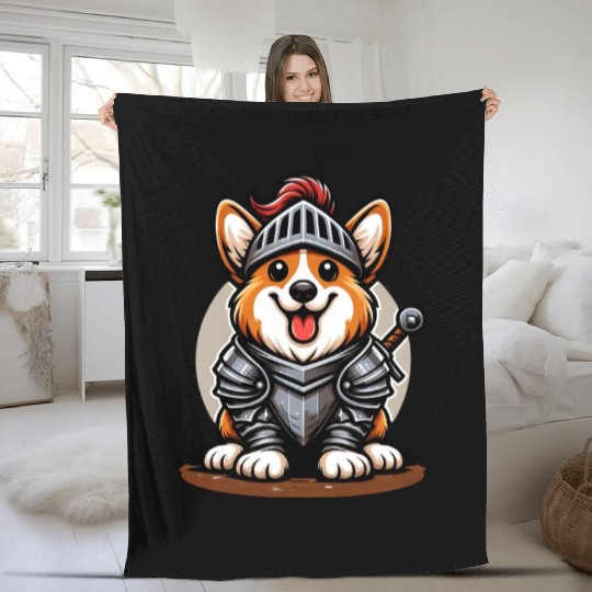 Corgi in knight armor Fleece Blankets