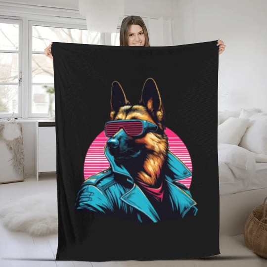 Funny trendy german shepherd cyber retro portrait Fleece Blankets