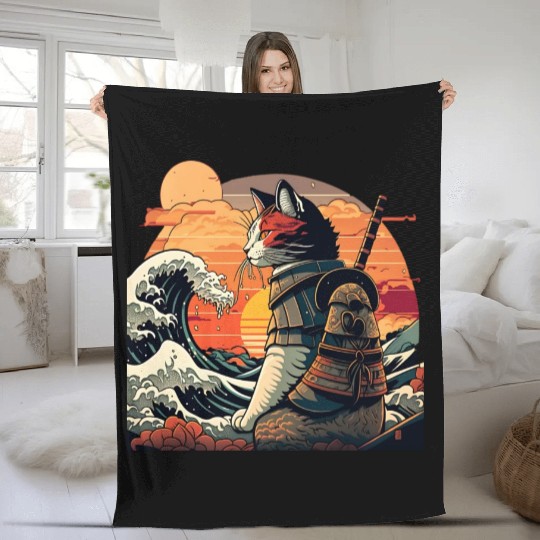 Samurai Cat vs The Great Wave Fleece Blankets