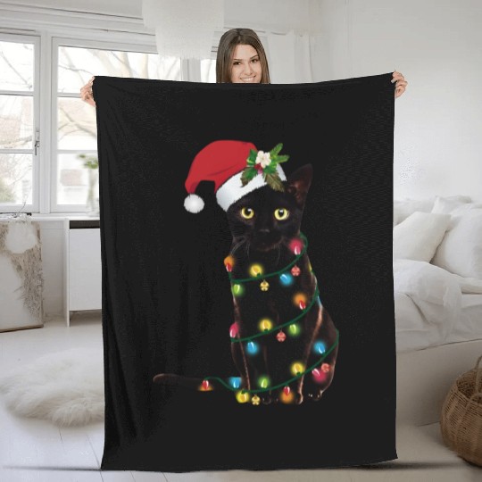Santa Black Cat Tangled Sup In Christmas Fleece Blankets
