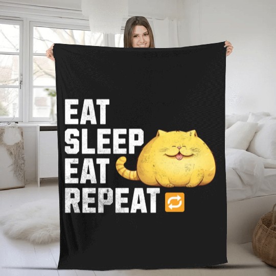 EAT SLEEP EAT REPEAT Fat Yellow Cat Lover Funny Fleece Blankets