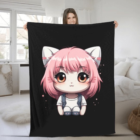 kawaii cat face with cat head Fleece Blankets