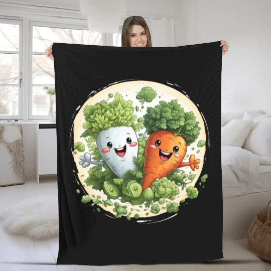 Cute kawaii carrot and a broccoli Fleece Blankets