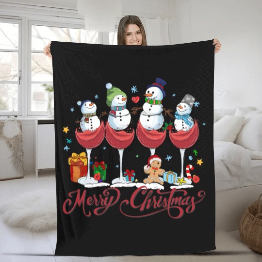 Red Wine Glasses with Snow Men Funny Christmas Fleece Blankets