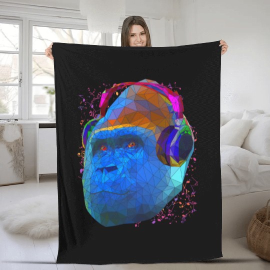 Gorilla with headphones low poly pop art Fleece Blankets