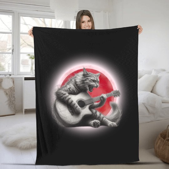 Rock Cat Playing Guitar Fleece Blankets under the red moon