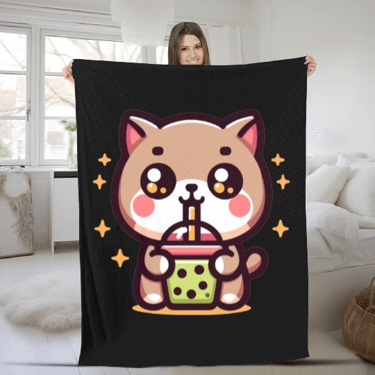 Cat Bubble Tea Boba Kawaii Fleece Blankets