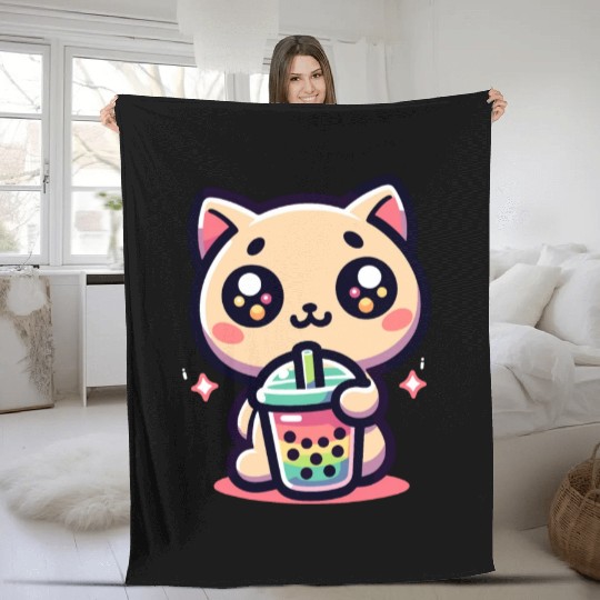 Cat Bubble Tea Boba Kawaii Fleece Blankets
