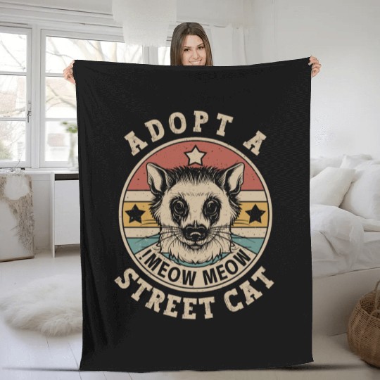 Adopt A Street Cat Funny Opossum Vintage Retro Fleece Blankets